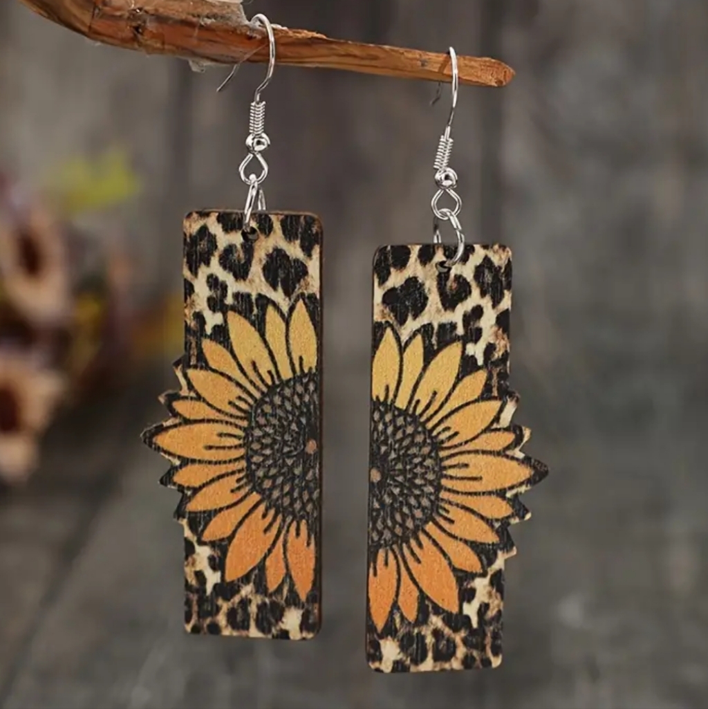Boho Hippie Sunflower Wood Earrings Double Sided Pattern 10$